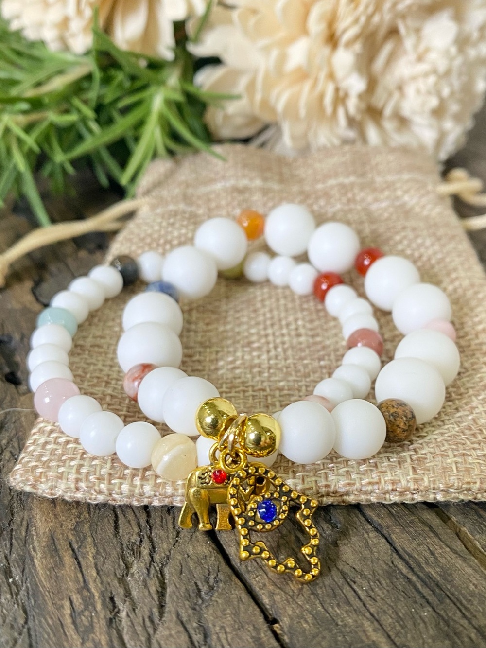 Matte White Beaded Stretch Bracelet with Gold Charm